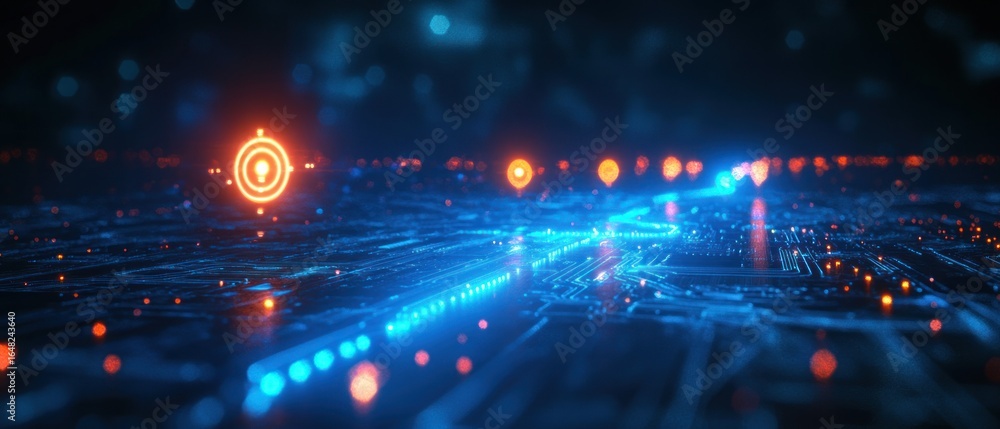 Poster glowing blue and orange futuristic circuit board with illuminated data points and digital pathways i