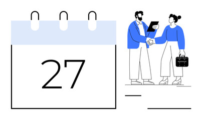 Fototapeta premium Calendar marked with 27, two professionals shaking hands, sharing documents and tools. Ideal for scheduling, appointment, business meeting, collaboration, agreement, networking corporate
