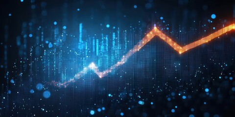 Glowing orange upward trending line chart over a dynamic blue digital data background, representing growth and positive analytics in a futuristic technology setting