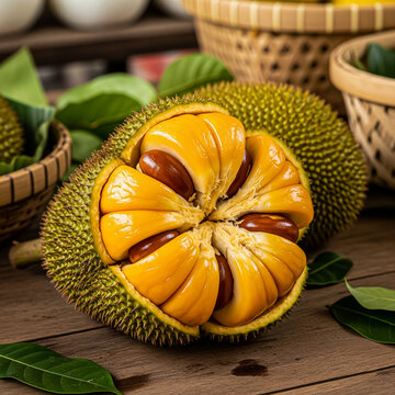 Open Chempedak Fruit on a Wooden Table.