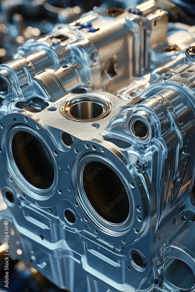 Poster close-up view of a shiny metallic engine block with circular cylinder openings and intricate mechani