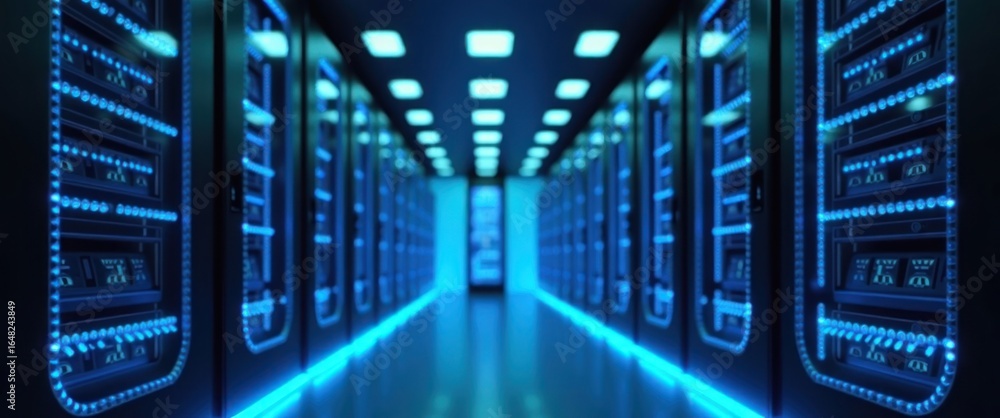 Poster inside a high-tech server room showcasing vast digital infrastructure with glowing blue lights and r