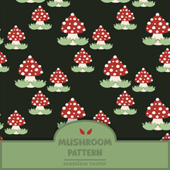 Seamless autumn pattern featuring various mushrooms. The design includes stylized white and red mushrooms with delicate foliage. Perfect for textile designs