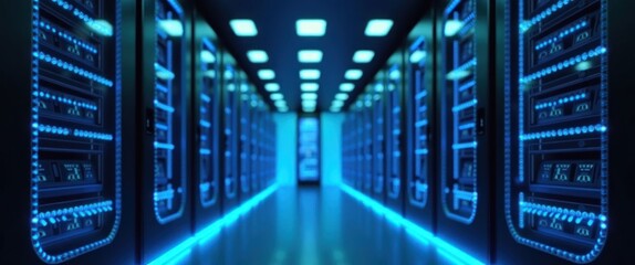 Inside a high-tech server room showcasing vast digital infrastructure with glowing blue lights and rows of powerful computing machines, representing global connectivity and data storage.