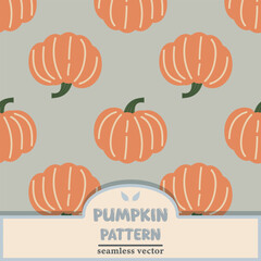 Seamless pattern of orange pumpkins with green stems on a light gray background. Ideal for autumn-themed designs and seasonal decorations