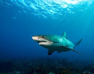 Fototapeta premium Exploring the untamed ocean wilderness shows a powerful shark swimming freely in its natural sunlit aquatic habitat.