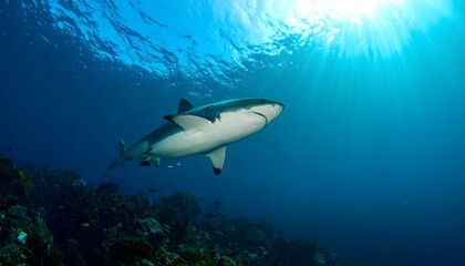 Fototapeta premium Majestic Great White Shark gliding through the deep blue ocean with brilliant sun rays shining from the surface