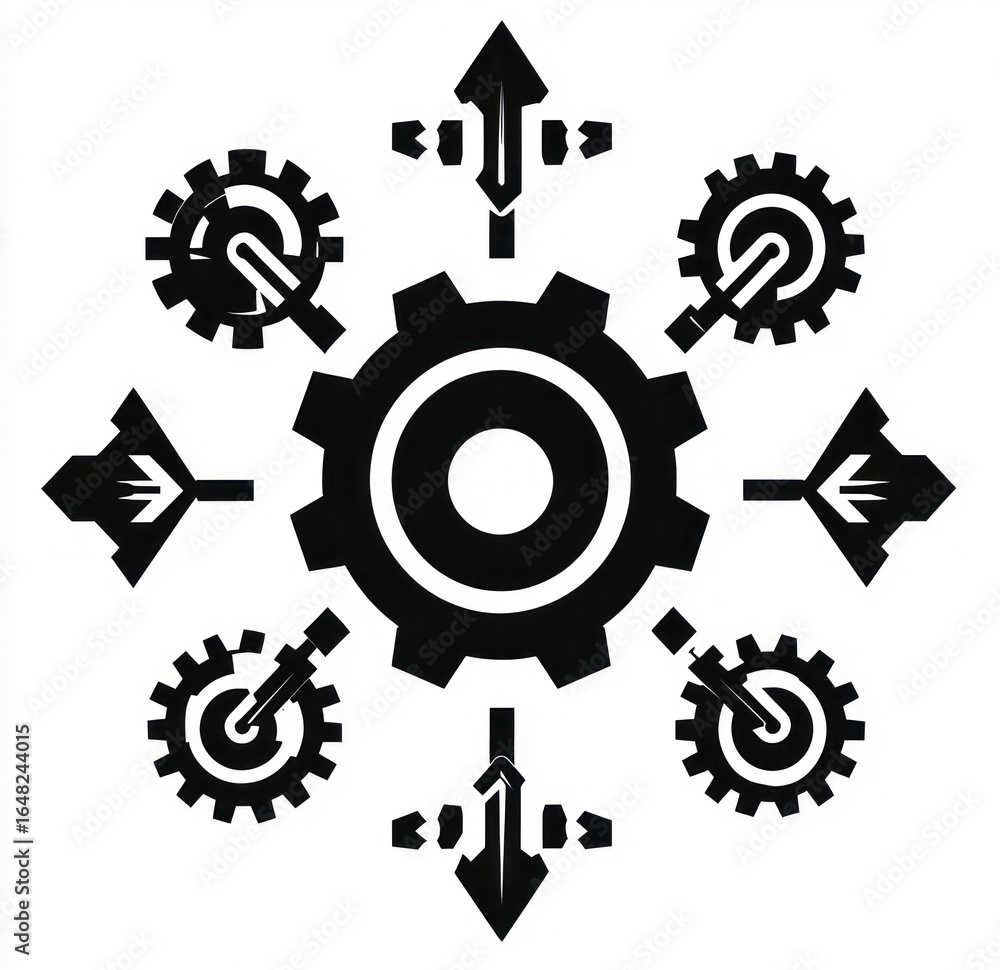 Poster black gear with a central circle surrounded by six smaller gears connected to arrows pointing outwar