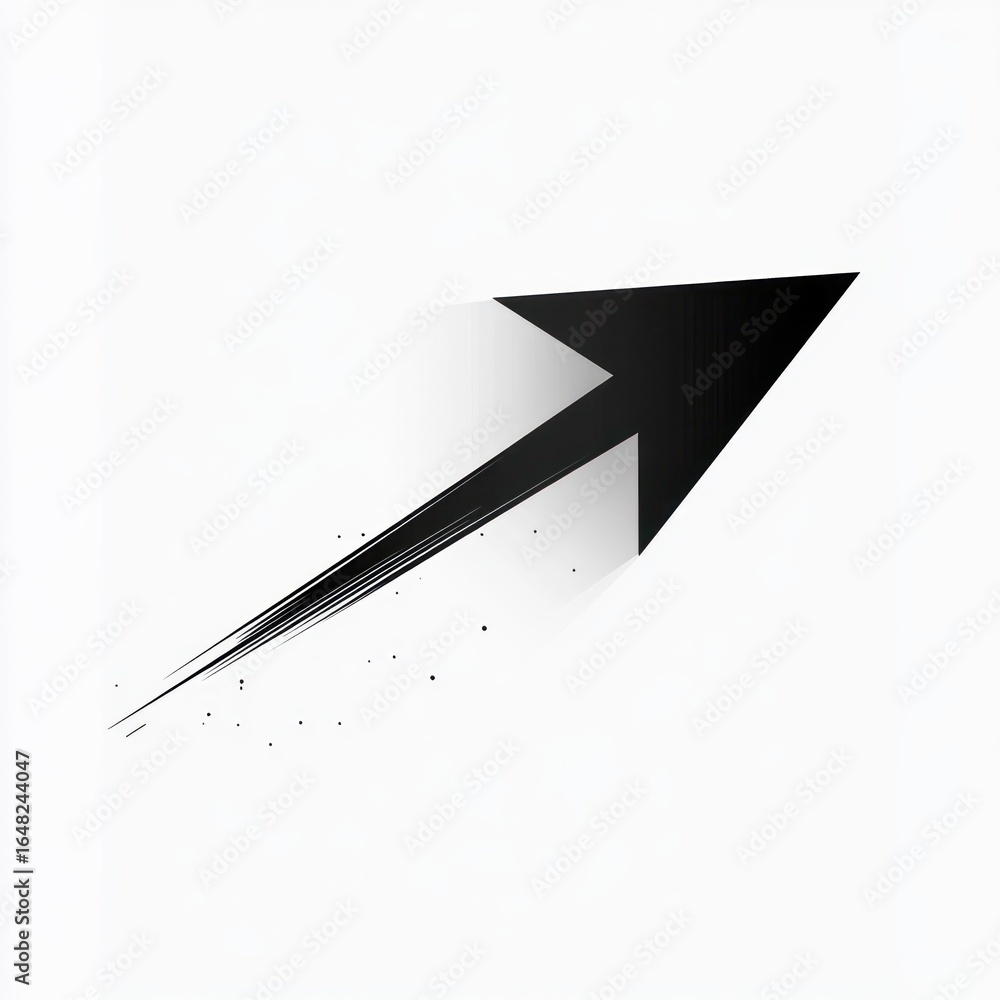 Poster black arrow pointing diagonally upward to the right with dynamic streaks and small dots trailing behind on white background indicating motion and progress