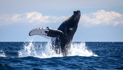 Naklejka premium A spectacular and powerful humpback whale breaches from the deep blue ocean, showcasing the majestic freedom of marine wildlife.