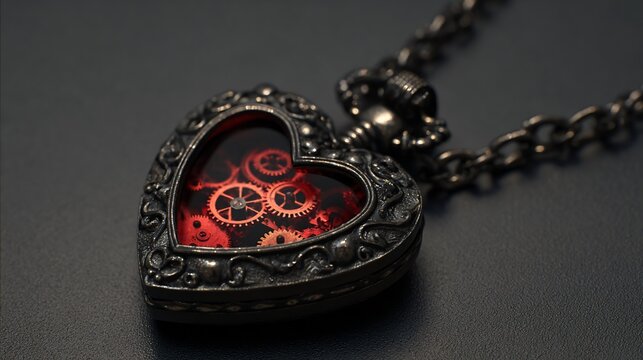 A heart-shaped locket necklace, intricately detailed, featuring gears within a transparent red interior.  Dark background