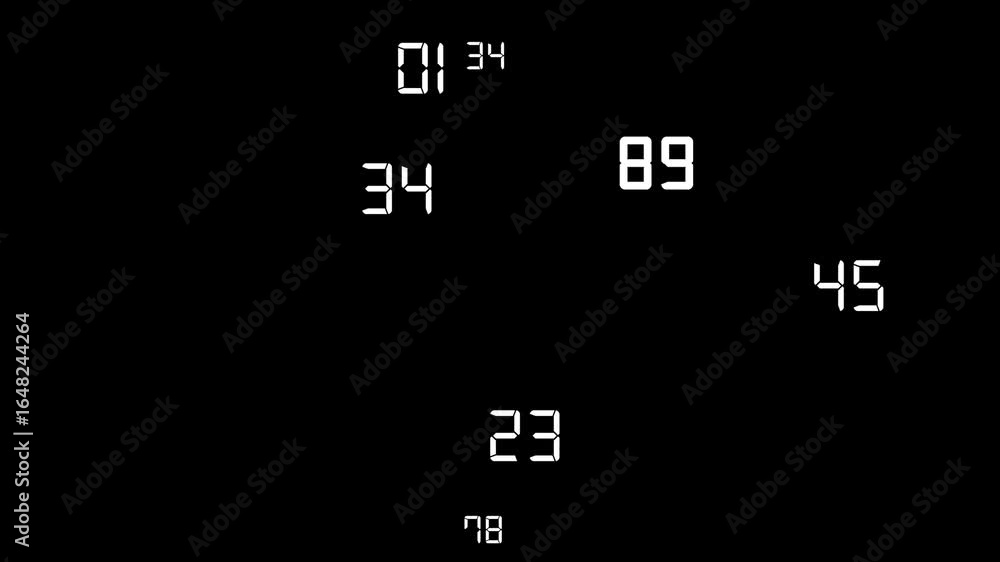 Poster white digital numbers are randomly displayed on a black background. the numbers are in a variety of 