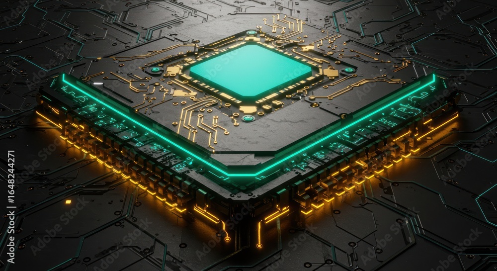 Poster futuristic circuit board with a glowing central processing unit, symbolizing artificial intelligence