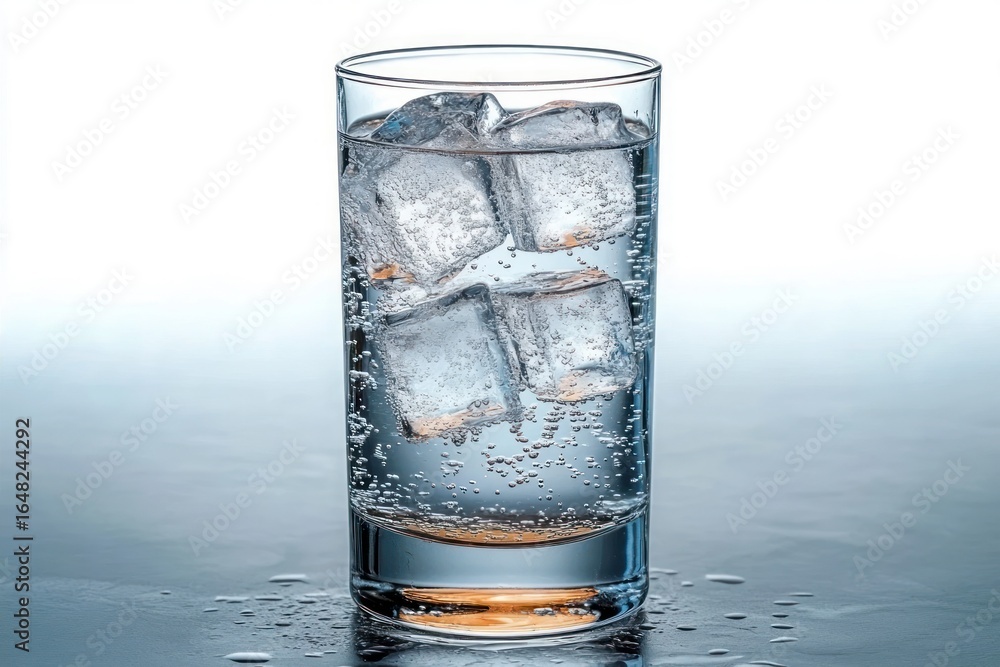 Poster clear glass of sparkling water with several large ice cubes and bubbles on a reflective surface with