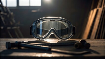 Protective Goggles on Workbench in Workshop Setting