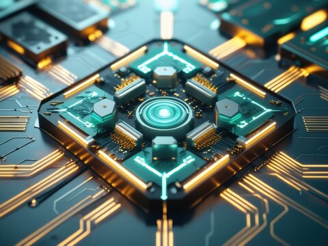 Gleaming technological core of a futuristic digital brain, symbolizing advanced data processing and artificial intelligence for a connected future. - Powered by Adobe