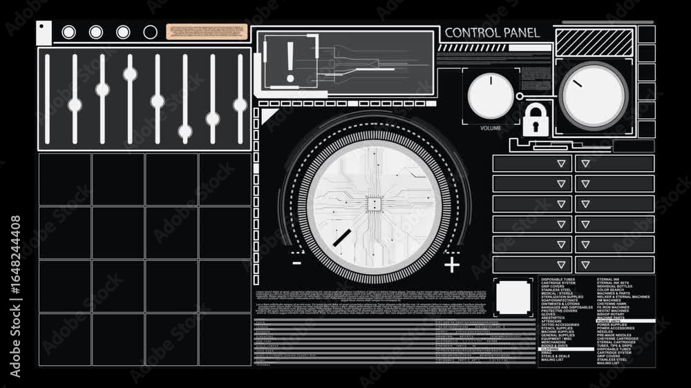 Poster a futuristic interface control panel with sliders, buttons, a central circular display, and a grid o