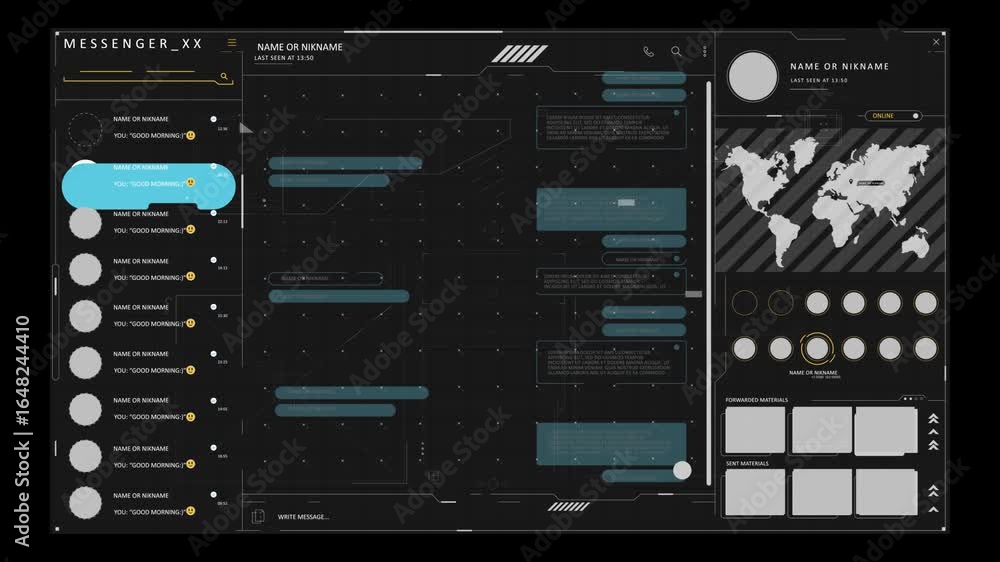 Poster a black and white futuristic user interface design with a grid of circles and text. the interface fe
