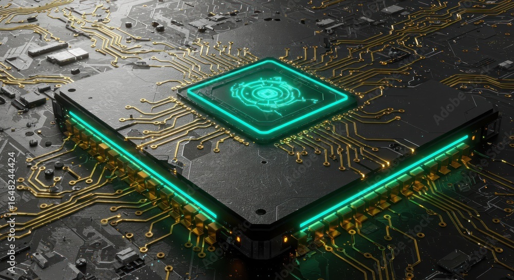 Aufkleber futuristic digital chip processor with glowing green circuits and intricate microelectronic pathways