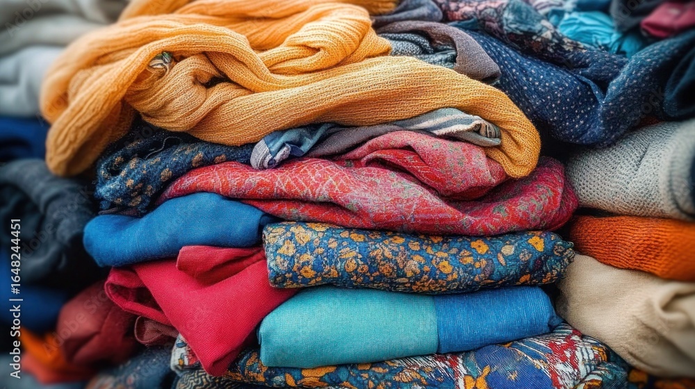 Poster stack of various colorful folded fabrics and clothes with different textures and patterns tightly ar