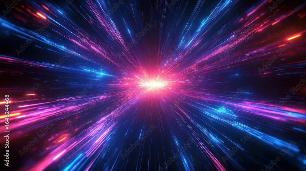 Poster bright multicolored light rays radiating outward from a central glowing point creating a dynamic, en