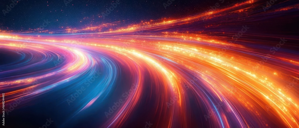 Poster vibrant swirling streams of light in motion creating dynamic curved paths against a dark starry back