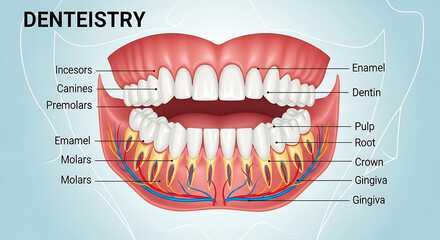 Detailed anatomical illustration of human teeth, gums, and nerves; showcasing dental structure.