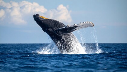 Fototapeta premium Majestic humpback whale breaching high out of the deep blue ocean with a powerful splash against a clear sky.