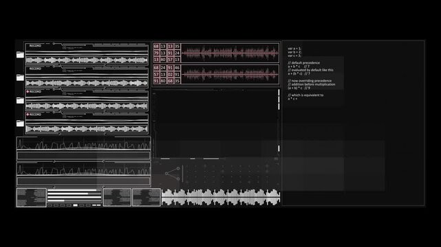 A program displaying an audio waveform, code, and algorithm analysis. The waveform is displayed in multiple channels with numerical values and timestamps