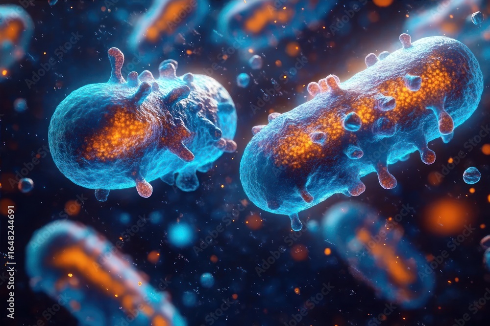 Poster close-up 3d rendering of blue and orange rod-shaped bacteria or microorganisms floating in a dark en