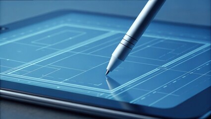 Close-Up of a Stylus Sketching on a Tablet Screen with Blueprint Design