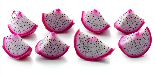 Eight fresh slices of white-fleshed dragon fruit with vibrant pink skin and numerous tiny black seeds arranged on a white surface