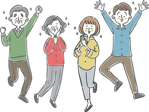 喜んでいる家族二世帯　全身　ベクター
