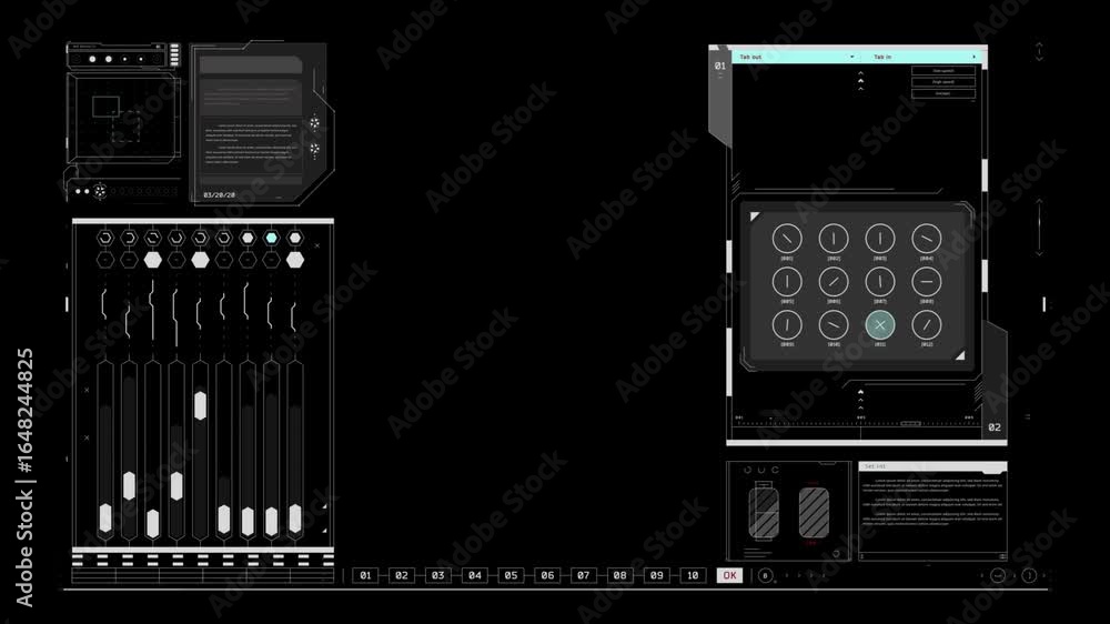 Poster a digital audio mixer interface with faders and knobs. the interface is black and white, with a mini