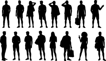 Vector silhouettes men and women, illustration. Silhouettes of young people posing in casual clothes. EPS version.