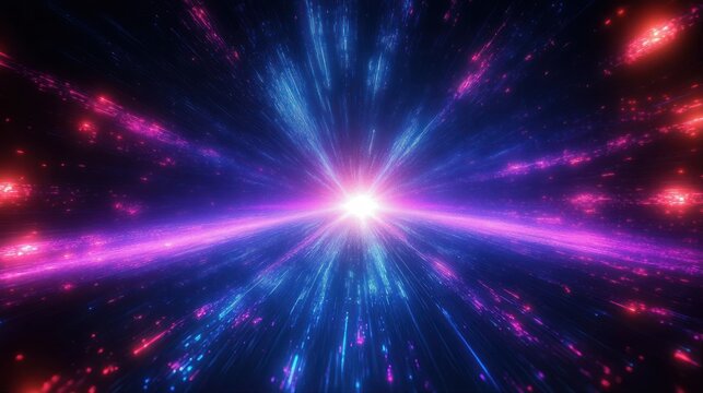Bright central light with radiant blue and purple streaks and glowing pink and red particles creating a dynamic cosmic or futuristic space effect
