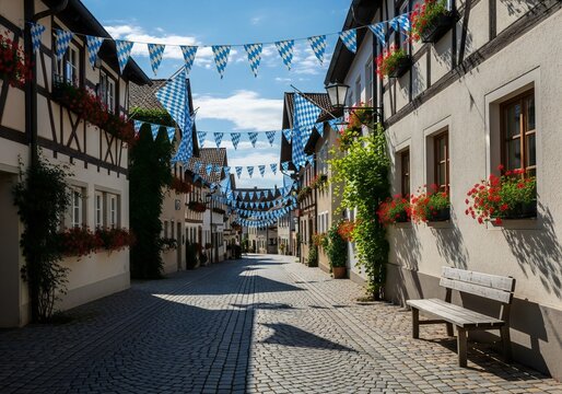 Oktoberfest Picturesque cobblestone street lined with timber framed houses and Bavarian flags
