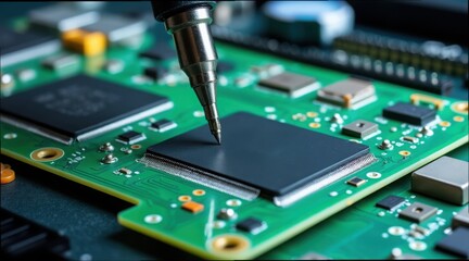 Close-up of Circuit Board Assembly Process with Precision Tools