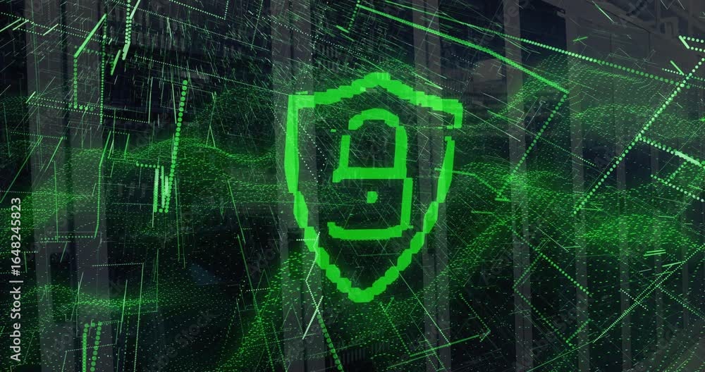 Poster green 3d shield forming in server corridor, cycling digits unlocking then securing data amid waves