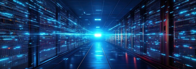 Futuristic hallway filled with glowing server racks emitting blue and red light beams, creating a high-tech, secure data center atmosphere
