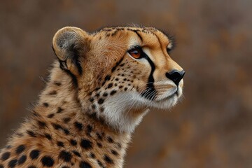 Fototapeta premium Close-up of a cheetah looking attentively to the side with focused eyes and detailed spotted fur against a blurred brown background