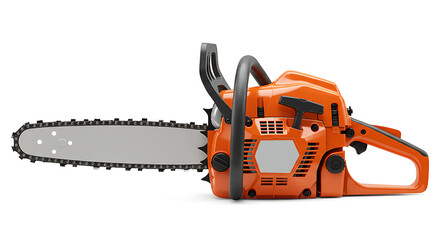 Fototapeta premium Bright Orange Chainsaw on White Background for Woodcutting and Forestry