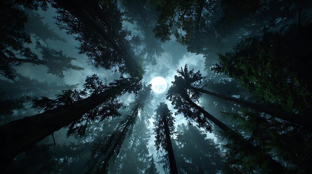 Low angle shot of tall trees silhouetted against a bright moon in a dark and misty forest night - Powered by Adobe