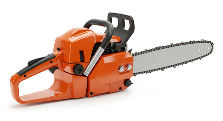 Fototapeta premium Bright Orange Chainsaw for Wood Cutting and Forestry Work Isolated on White Background