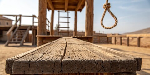 Old wooden gallows in a deserted western town under a clear blue sky