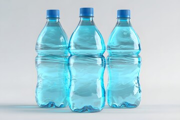Three Clear Plastic Water Bottles with Blue Caps on White Background