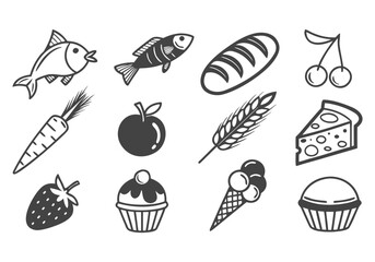Hand drawn collection of various food items and ingredients in a sketch style