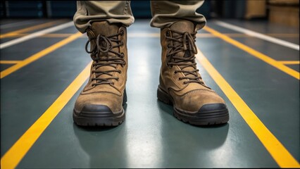 Protective Work Boots Standing on Industrial Floor with Yellow Lines