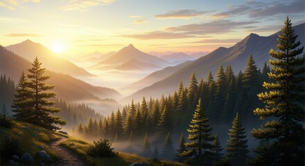 Obraz premium Sunrise Over Mountain Forest Landscape with Pine Trees and Foggy Valleys