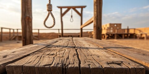 Historical execution site with wooden gallows under a vast blue sky and warm daylight